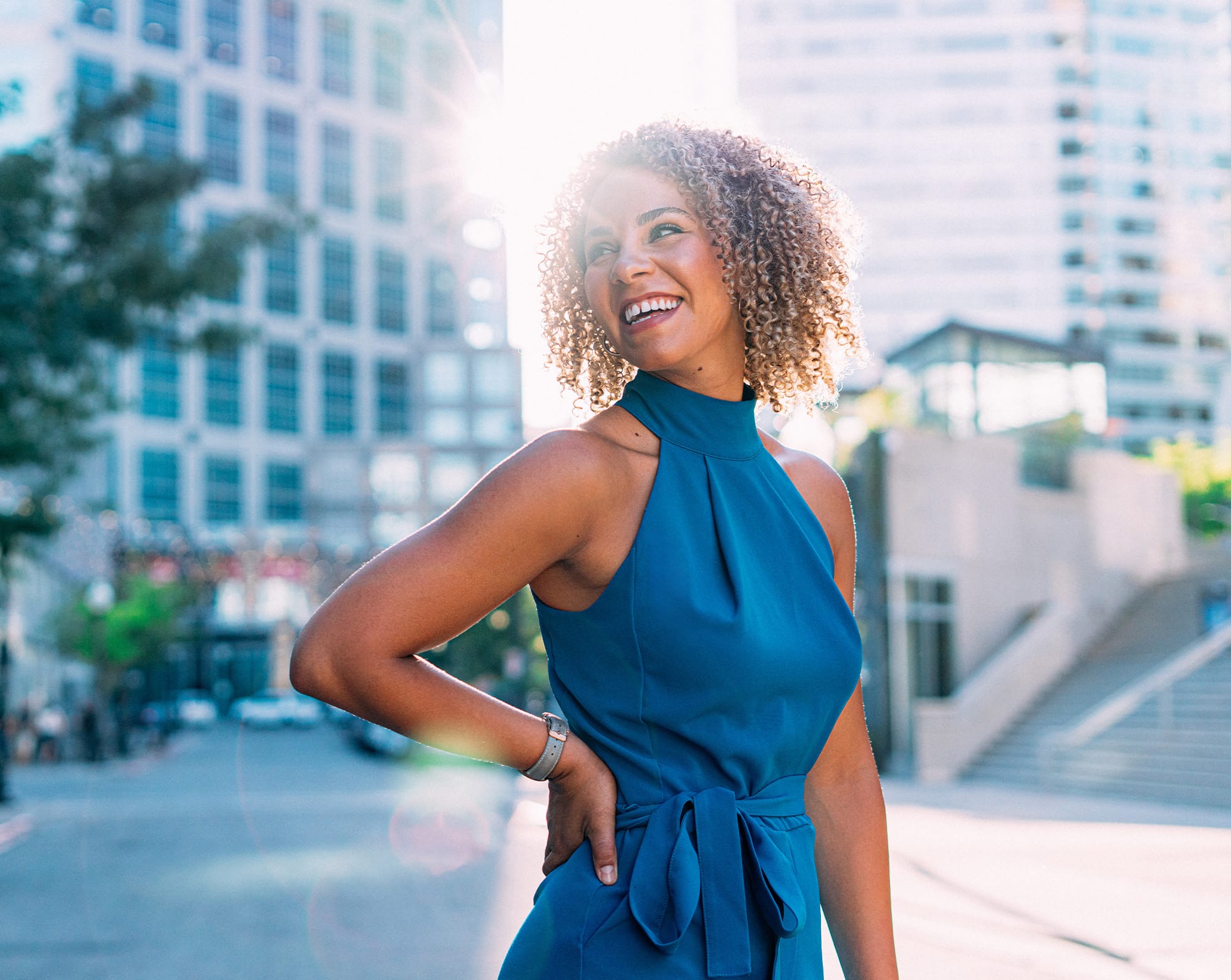 Woman smiling on the street